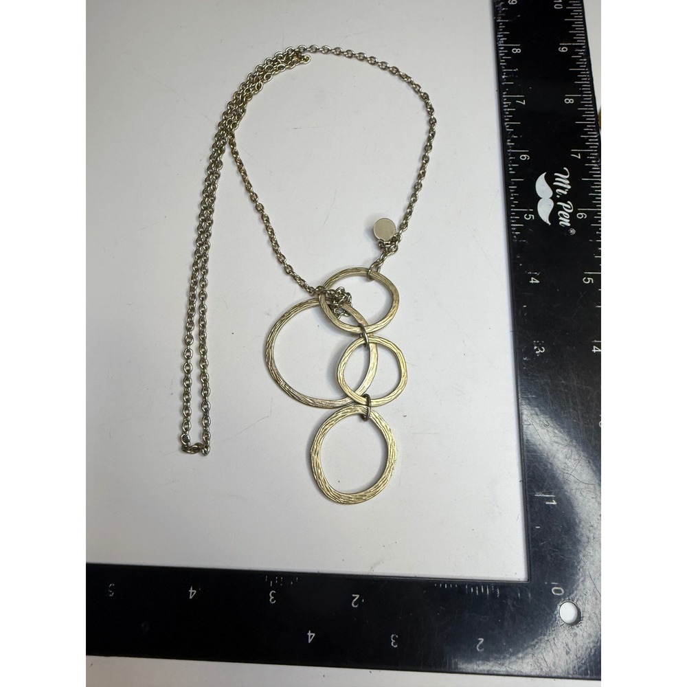 Chicos Gold Tone Textured Interlocking Hoop Pendant Long Rolo Chain Necklace